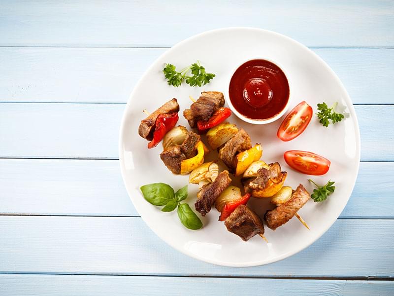 Beef and Vegetable Skewers in a Skillet