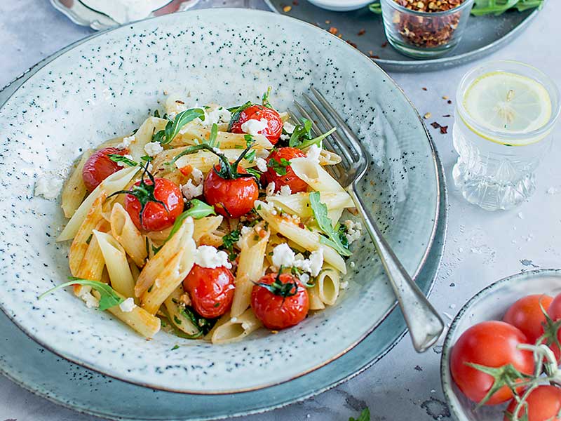 Penne with Arugula, Tomato, and Feta Cheese