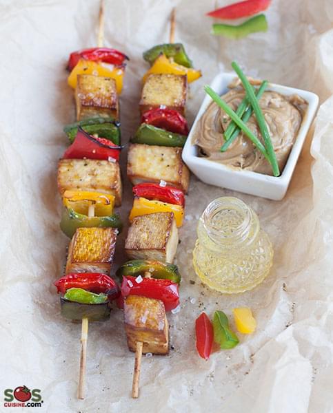 Tofu and Sweet Pepper Skewers with Peanut Sauce