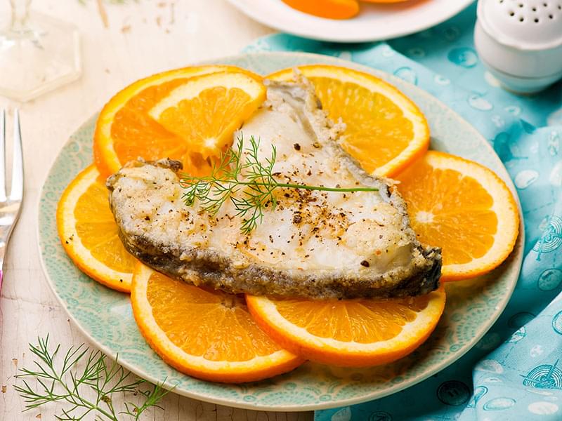 Orange Halibut Steaks with Rice and Greens Beans
