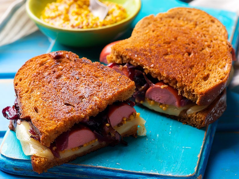 Chicken Wiener Sandwiches with Caramelised Onions